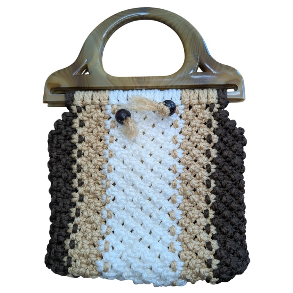 Vintage 70's Homemade Brown Tan Cream Crochet Handbag Lucite Handle PURSE